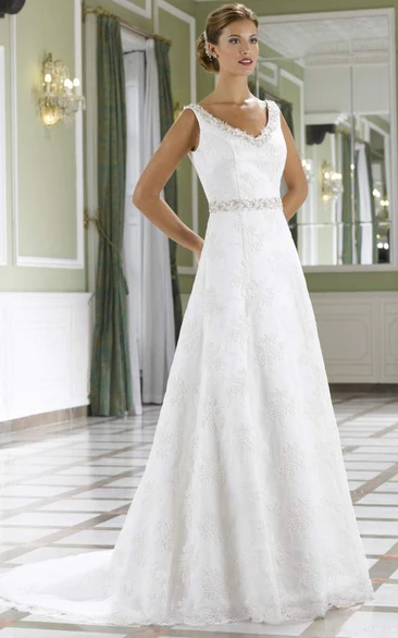 Sleeveless A-Line Lace Wedding Dress with V-Neck Jeweled Bodice and Court Train
