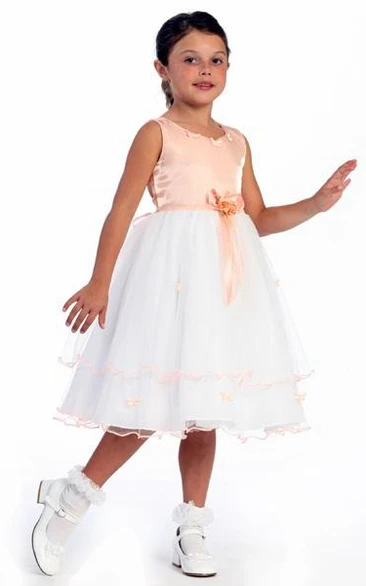 Floral Tulle&Satin Tea-Length Flower Girl Dress Simple Beach Wedding Dress