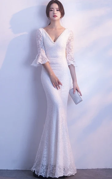 Sexy Mermaid Wedding Dress with Deep V-neck and Poet Sleeves