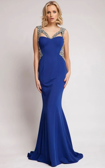 Sleeveless Beaded V-Neck Jersey Prom Dress Backless and Glamorous