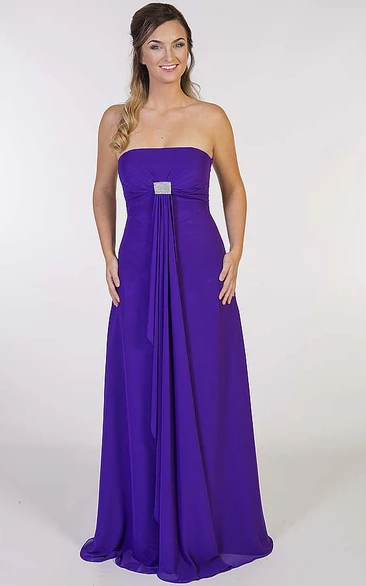 Strapless A-Line Chiffon Prom Dress with Long Broach and Draping Classy Prom Dress for Women