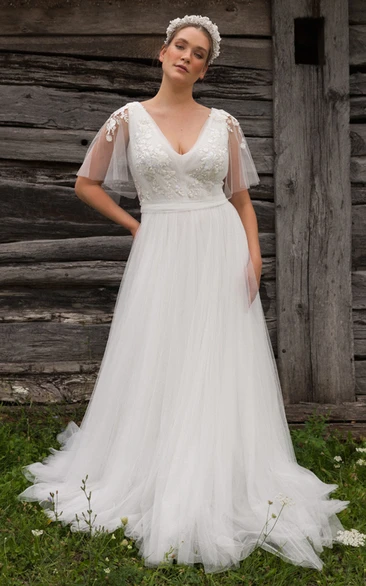 Tulle Half Sleeve V-Neck A-Line Wedding Dress Elegant & Timeless