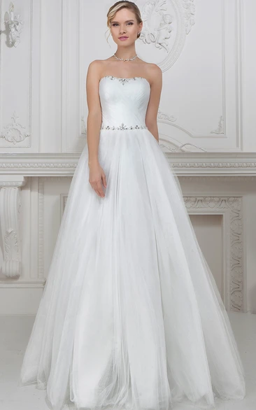 A-Line Sleeveless Tulle Wedding Dress with Ruching and Beaded Bodice Strapless