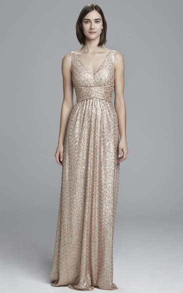 Ruched Sequin Bridesmaid Dress with Maxi Length and Sleeveless V-Neck Design
