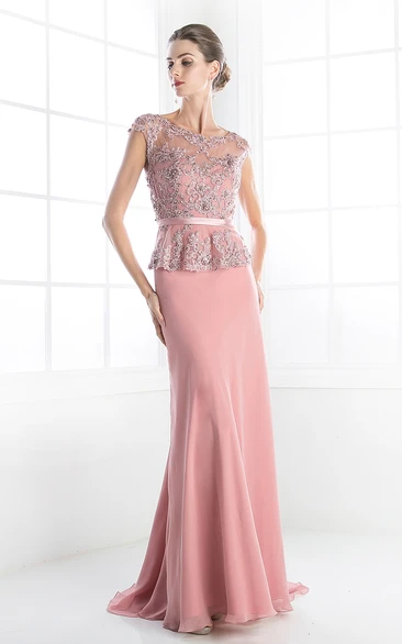 Beaded Jersey Sheath Formal Dress with Peplum and Cap Sleeves