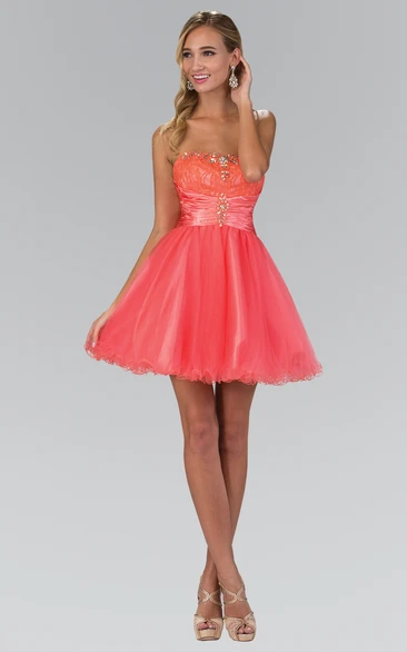 Lace Corset Back A-Line Prom Dress with Strapless Neckline