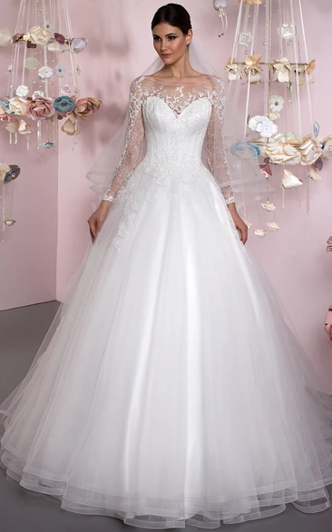 Long Sleeve Appliqued Tulle Ball Gown Wedding Dress