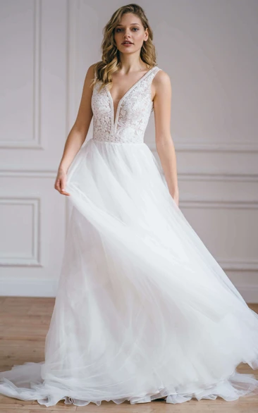 Modern A Line Tulle Plunging Neckline Wedding Dress Sleeveless