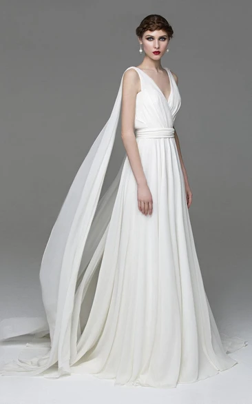 A-Line Chiffon Wedding Dress with Watteau Train V-Neck Bridal Gown