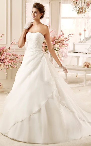 A-line Wedding Dress with Side Draping & Brush Train Classic Bridal Gown