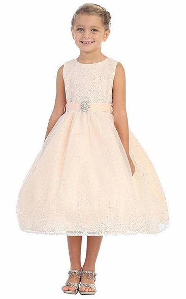 Beaded Tulle & Satin Tea-Length Flower Girl Dress with Broach Elegant Wedding Dress