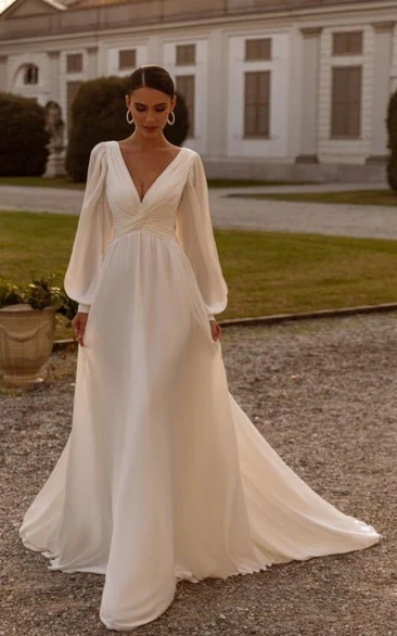 Simple Satin Marriage Gown V-neck A-Line with Sweep Train Long Sleeve Low-V Back Peplum