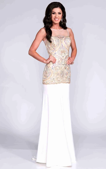 Jeweled Sheath Prom Dress Keyhole Back Beaded Bodice Jersey Material