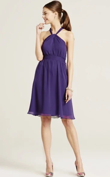 Halter Ruched Chiffon Bridesmaid Dress with Bow Knee-Length