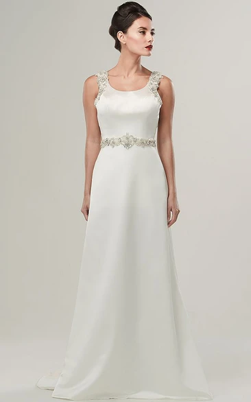 Satin Square Neckline Wedding Dress with Beaded Bodice and Sweep Train