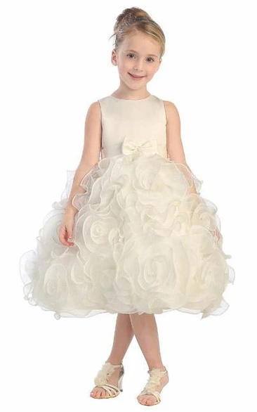 Tiered Organza & Satin Tea-Length Flower Girl Dress with Bow Wedding Dress