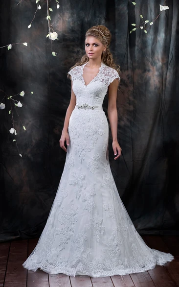 Lace Mermaid V-Neck Cap-Sleeve Wedding Dress with Beading and Appliques