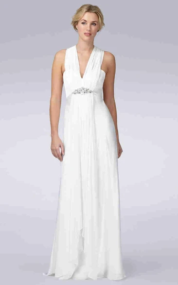 Pleated V-Neck Sheath Chiffon Wedding Dress with Broach Simple Bridal Gown