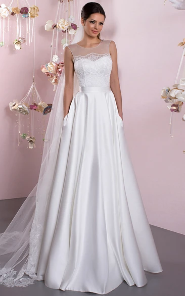 Lace Scoop Satin Wedding Dress with Illusion Back A-Line Floor-Length Style