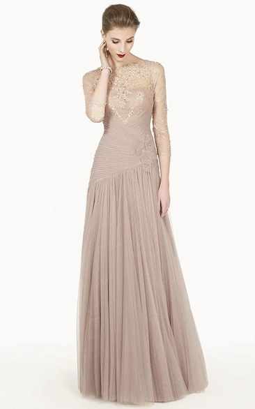 Lace Top Tulle Long Prom Dress with Illusion Back and 3-4 Sleeve