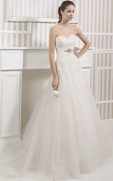 Long Jeweled Tulle Wedding Dress with Lace and Corset Back in A-Line Style