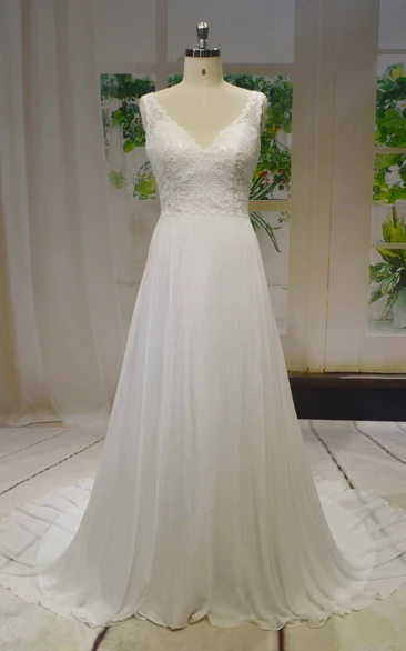 Chiffon A-Line Wedding Dress with Lace Top and V-Neck Sleeveless