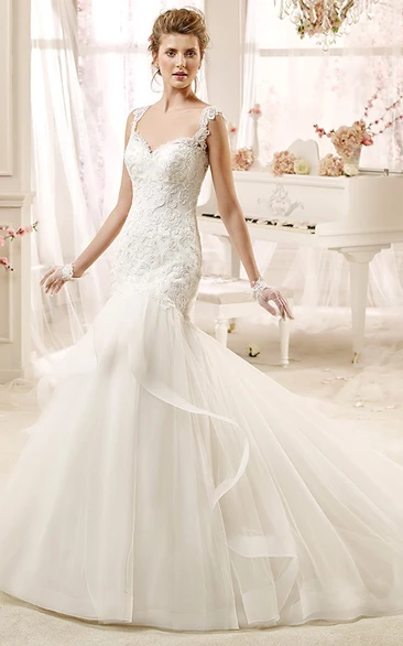 Mermaid Illusive Back Wedding Dress with Sweetheart Neckline and Applique Straps