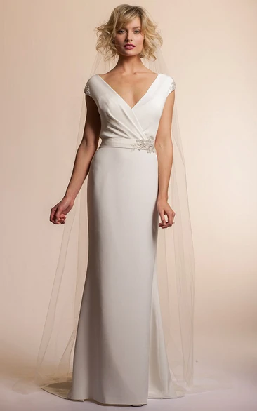 Jeweled Cap-Sleeve V-Neck Chiffon Wedding Dress Floor-Length
