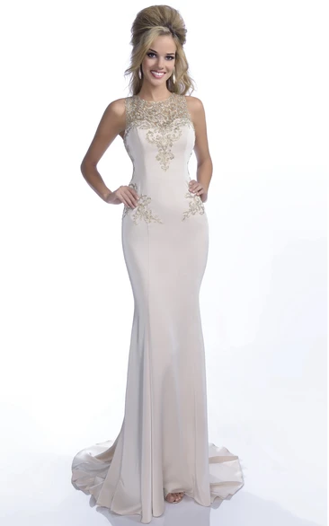 Column Form-Fitted Jersey Prom Dress with Jeweled Appliques Sleeveless