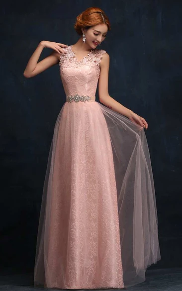 A-line Lace Tulle Formal Dress with Beaded Sash Long & Strappy