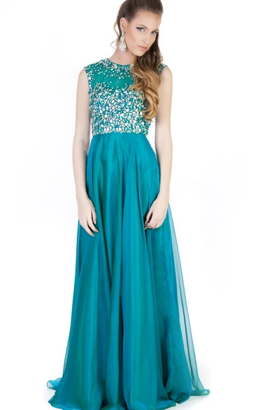 High-Neck Beaded Maxi Sleeveless Evening Dress A-Line Style