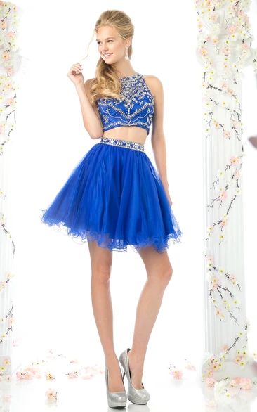 Short Sleeveless Tulle Illusion A-Line Formal Dress with Ruffles and Beading