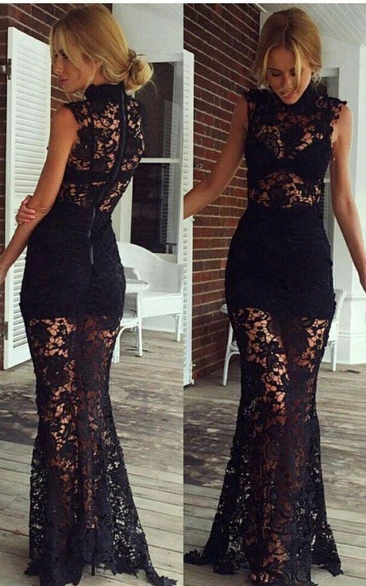 Black High-Neck Prom Dress Sexy Lace Sheer Skirt Elegant Evening Dress