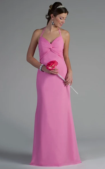 Halter Neckline Chiffon Bridesmaid Dress with Knot Ruching Top for Bridesmaids
