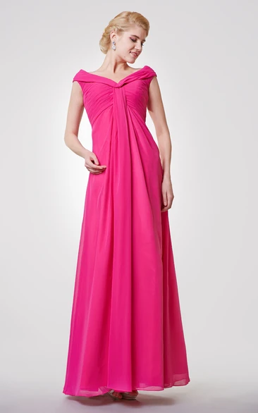 V-neck A-line Long Bridesmaid Dress with Pleated Chiffon and Cap Sleeves