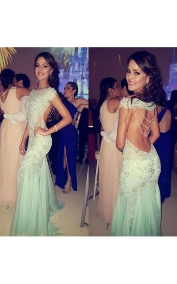 Short Sleeve High Neck Lace Mermaid Prom Dress with Cap and Floor-length Trumpet