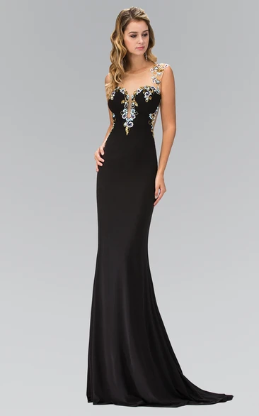 Jersey Cap-Sleeve Sheath Dress with Beading and Illusion Scoop-Neck