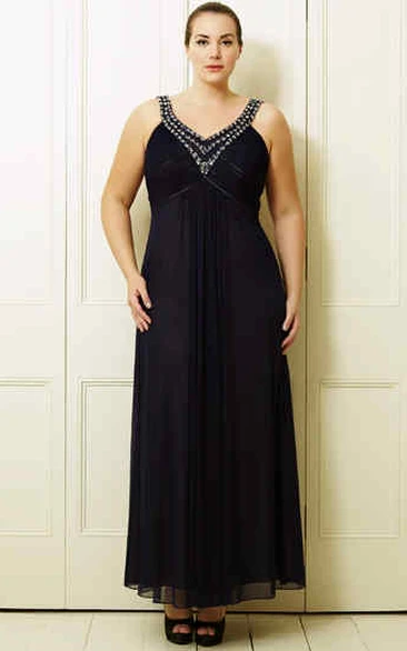 Plus Size Chiffon Prom Dress with Ruched V-Neck Beading and Sleeveless