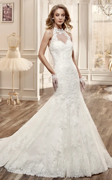 Lace Mermaid Wedding Dress with High Neck and Brush Train Elegant Bridal Gown