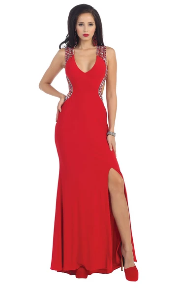 Beaded Split Front V-Neck Sleeveless Sheath Formal Dress