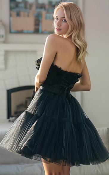 A-Line Tulle Playful Evening Party Strapless Homecoming Dress Sexy Adorable Solid Short Mini Sleeveless Prom Dress with Corset Back