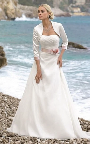 Tulle&Satin A-Line Strapless Wedding Dress with Draping Flower and Cape