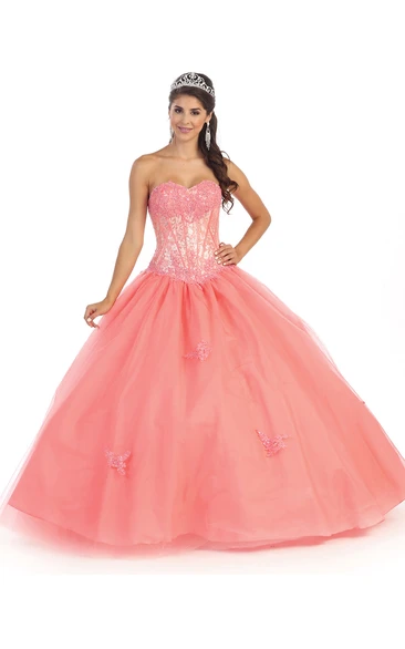 Tulle Satin Corset Back Sweetheart Ball Gown Dress with Appliques