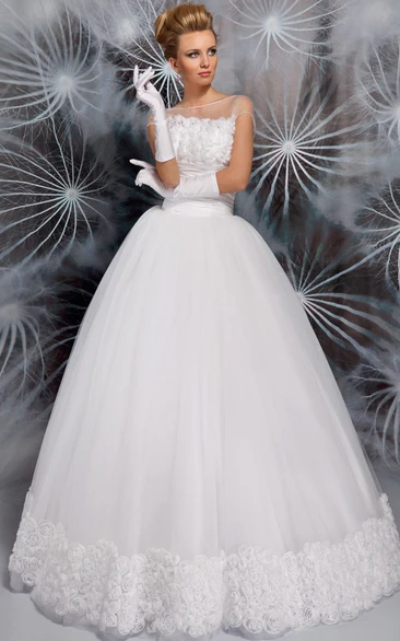 Floral Tulle Wedding Dress with Ruching and Lace-Up Bateau Floor-Length