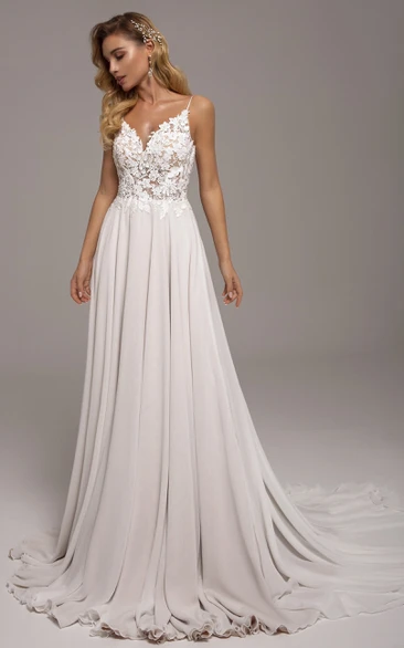 A-Line Chiffon Lace Spaghetti Wedding Dress with Appliques Romantic Chiffon Lace A-Line Wedding Dress with Appliques