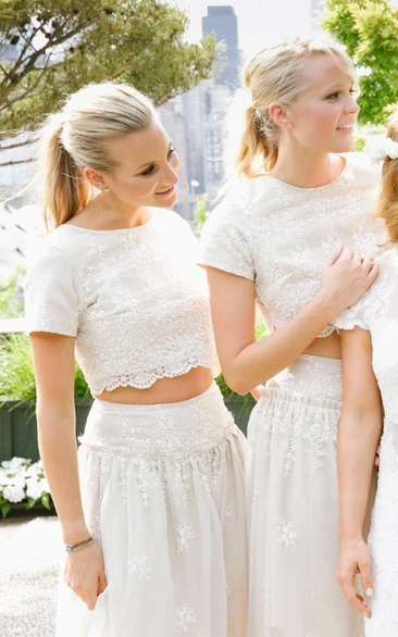 White Lace A-line Bridesmaid Dress with Short Sleeves