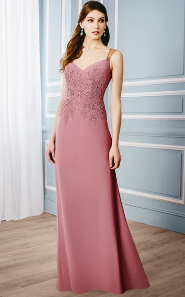 Sleeveless V-Neck Appliqued Jersey Formal Dress with Illusion Back