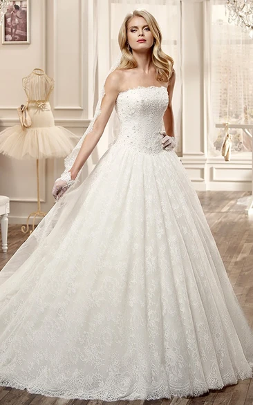 A-Line Pleated Skirt Beaded Wedding Dress Strapless Style