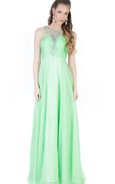 A-Line Beaded Sleeveless Chiffon Evening Dress with Jewel-Neck Floor-Length