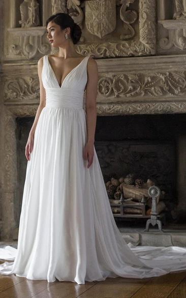 V-Neck Ruched Chiffon Wedding Dress with Pleats A-Line Sleeveless Wedding Dress